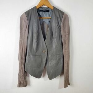 CUT25 by Yigal Azrouël Leather Blazer with Ribbed Knit Sleeves – Size 0